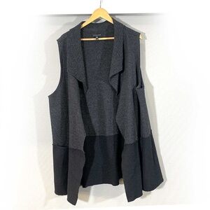 Eileen Fisher Women's Gray Black Boiled Wool Funnel Neck Open Vest W/pockets